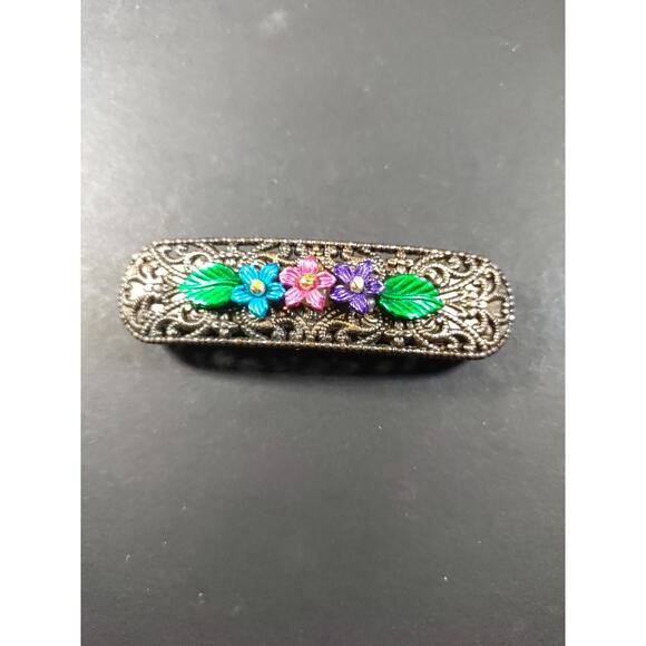 Hair Barrette Tension Clip Dark Gold Tone Green Blue Pink Neon Flowers - Picture 2 of 8